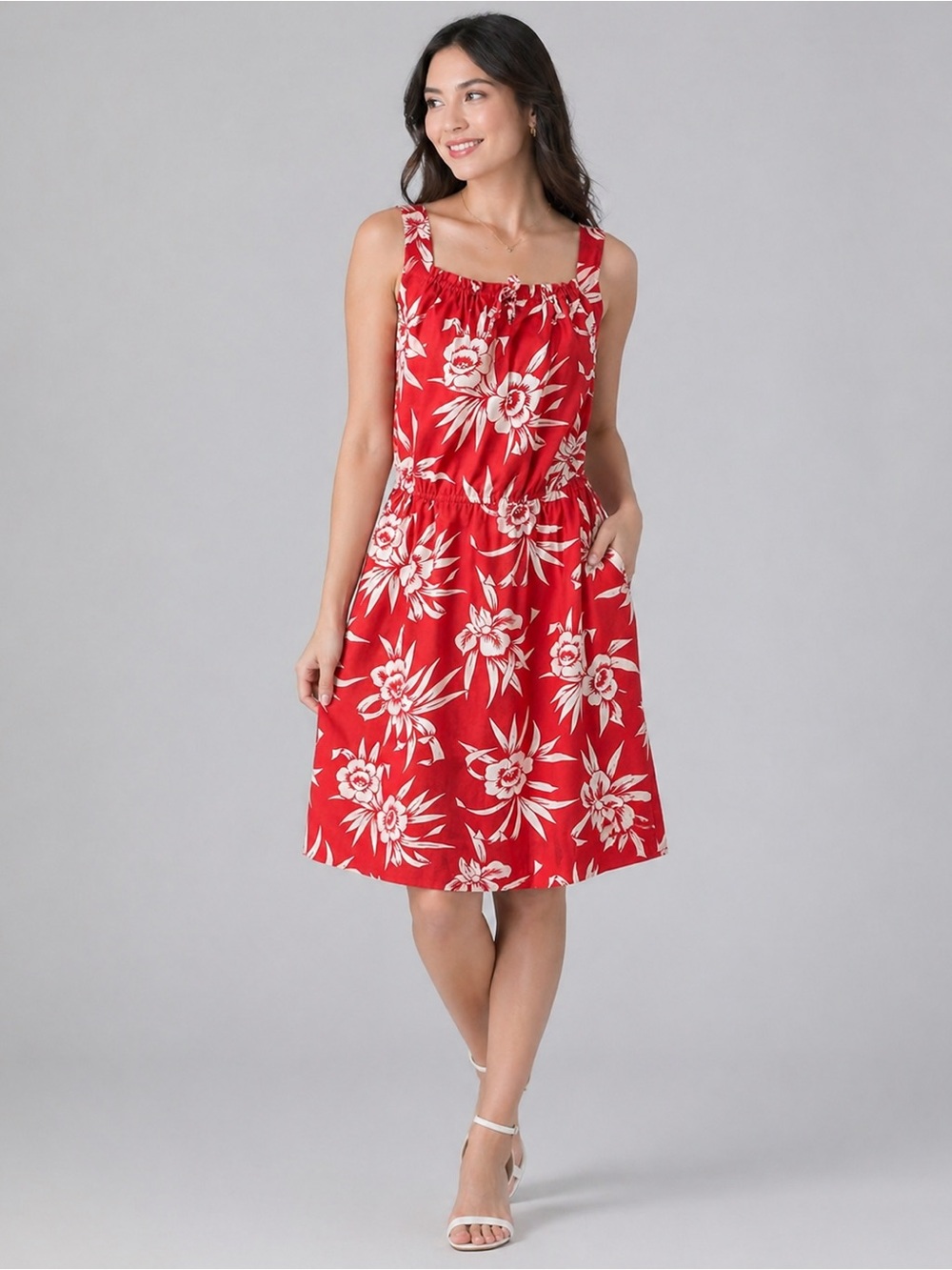 Oops California Red Floral Sundress L | Hawaiian Print Sleeveless Summer Dress